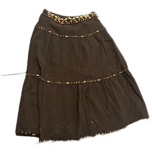 Vintage 90s Amy Byer size Small Boho Beaded Brown Tiered Knee Length Skirt